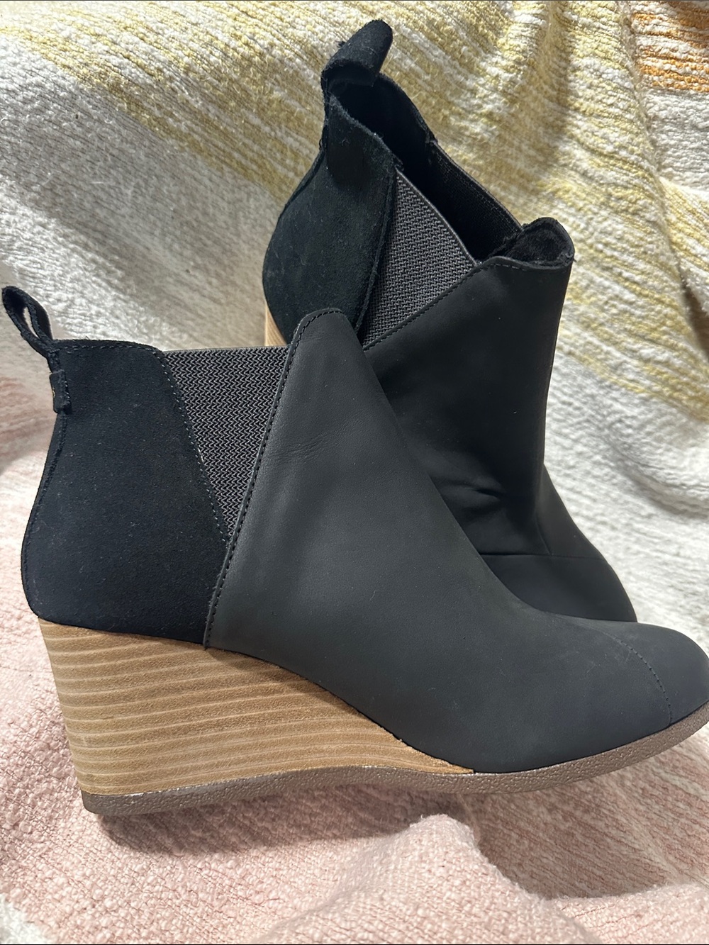 Toms Black Wedge Ankle Boots with Stacked Heel W 8.5